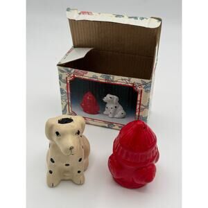 Vintage ceramic set of Dalmatian Dog and Fire Hydrant Salt and Pepper Shakers